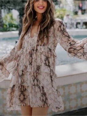 Olivaceous Beige and Brown Snake-Print Tiered V-Neck Mini Dress
